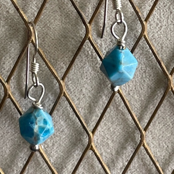 Natural Blue Apatite Sterling Silver Wire Wrapped Dainty Drop Earrings –Handmade - Picture 2 of 6